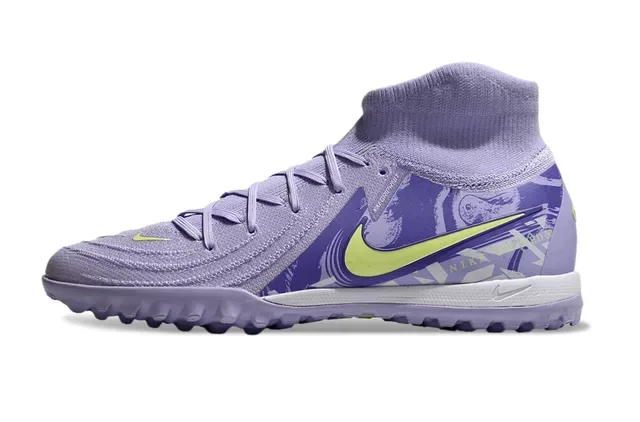 Nike Zapatos de fútbol turf morado y amarillo alto con parte superior de punto y cuello de calcetín 8