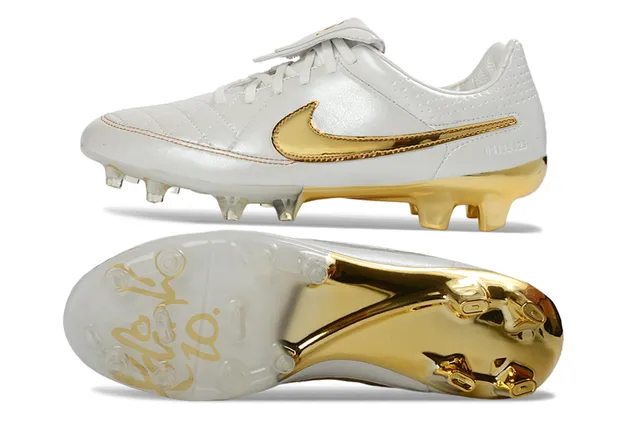 Nike Tiempo Legend Branco e Dourado campo firme Sapatos de Futebol 13