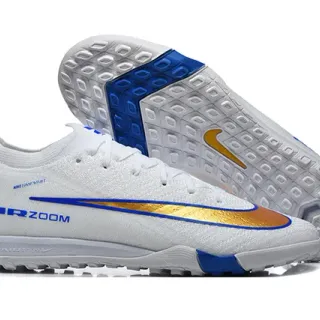 Nike Sapatos de Futebol Turf Branco Azul de Baixo Corte com Parte Superior de Tricô e Colar de Ajuste de Meia