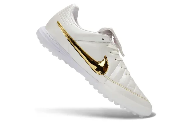 Nike White Gold Quilted Synthetic Upper Metallic Swoosh Overlay Turf Soccer Shoes 2