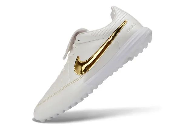 Nike White Gold Quilted Synthetic Upper Metallic Swoosh Overlay Turf Soccer Shoes 3