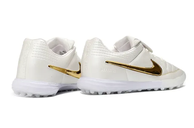 Nike White Gold Quilted Synthetic Upper Metallic Swoosh Overlay Turf Soccer Shoes 5