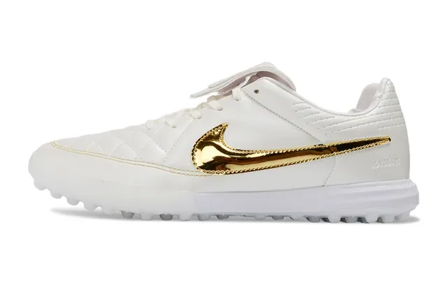 Nike White Gold Quilted Synthetic Upper Metallic Swoosh Overlay Turf Soccer Shoes 6