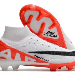 Nike chuteira de futebol branca e laranja upper de knit de corte alto overlay de jaula para terreno firme