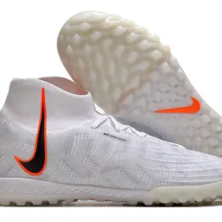 Nike White Orange Knitted Sock-Fit Upper High-Top Collar Turf Soccer Shoes