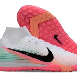 Nike White Pink Sock-Fit Collar Engineered Knit Upper Turf Soccer Shoes