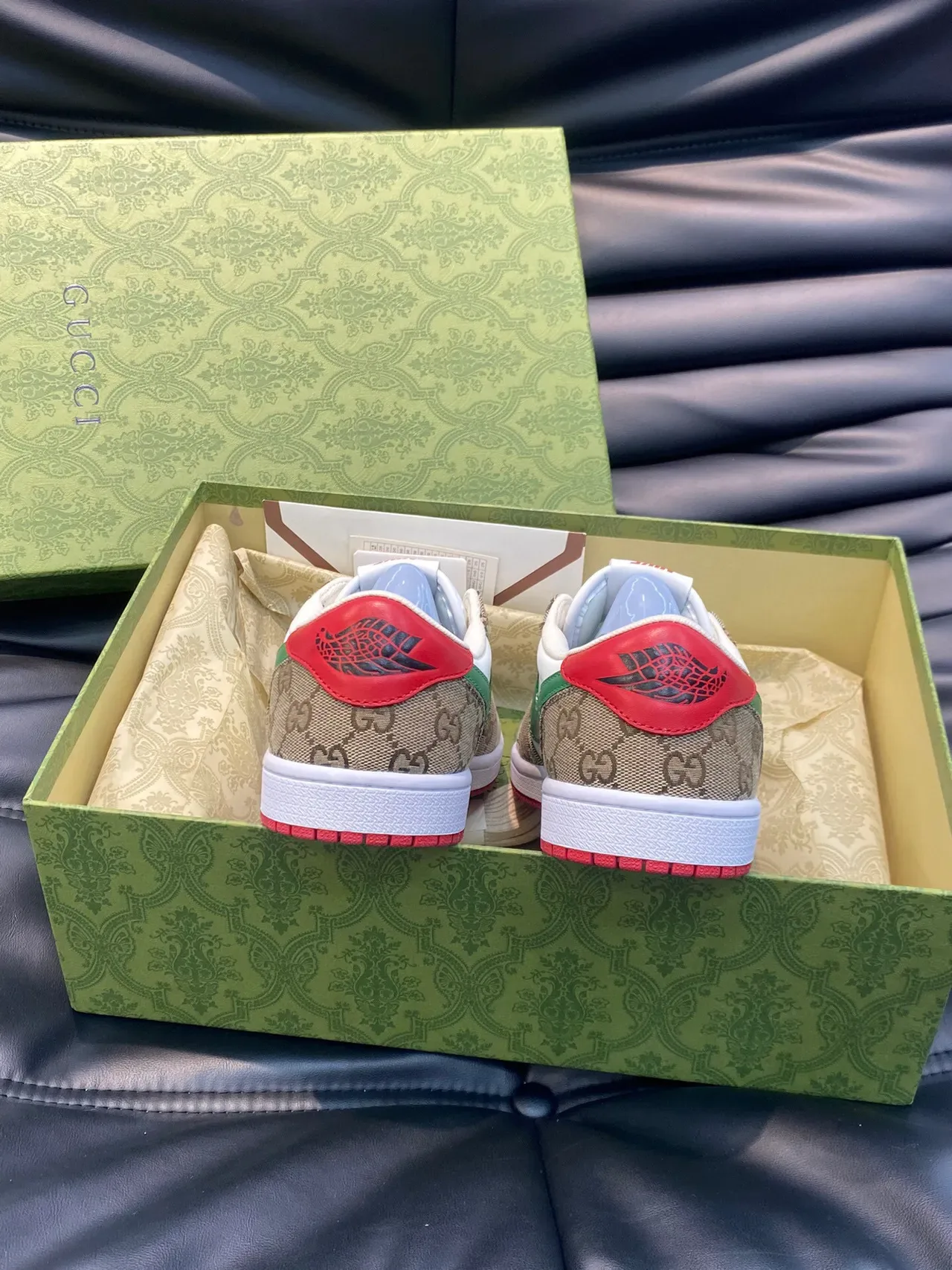 Nike x Gucci Air Jordan 1 Low GG Monogram أبيض أخضر أحمر حذاء لايف ستايل 5