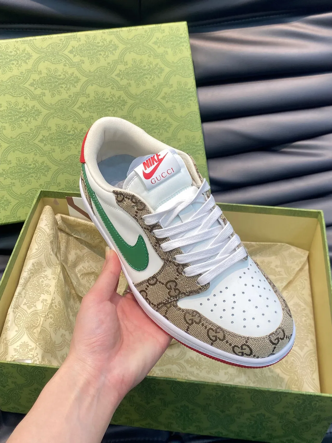 Nike x Gucci Air Jordan 1 Low GG Monogram أبيض أخضر أحمر حذاء لايف ستايل 6