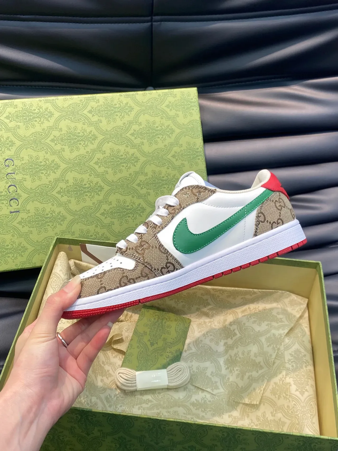 Nike x Gucci Air Jordan 1 Low GG Monogram أبيض أخضر أحمر حذاء لايف ستايل 7
