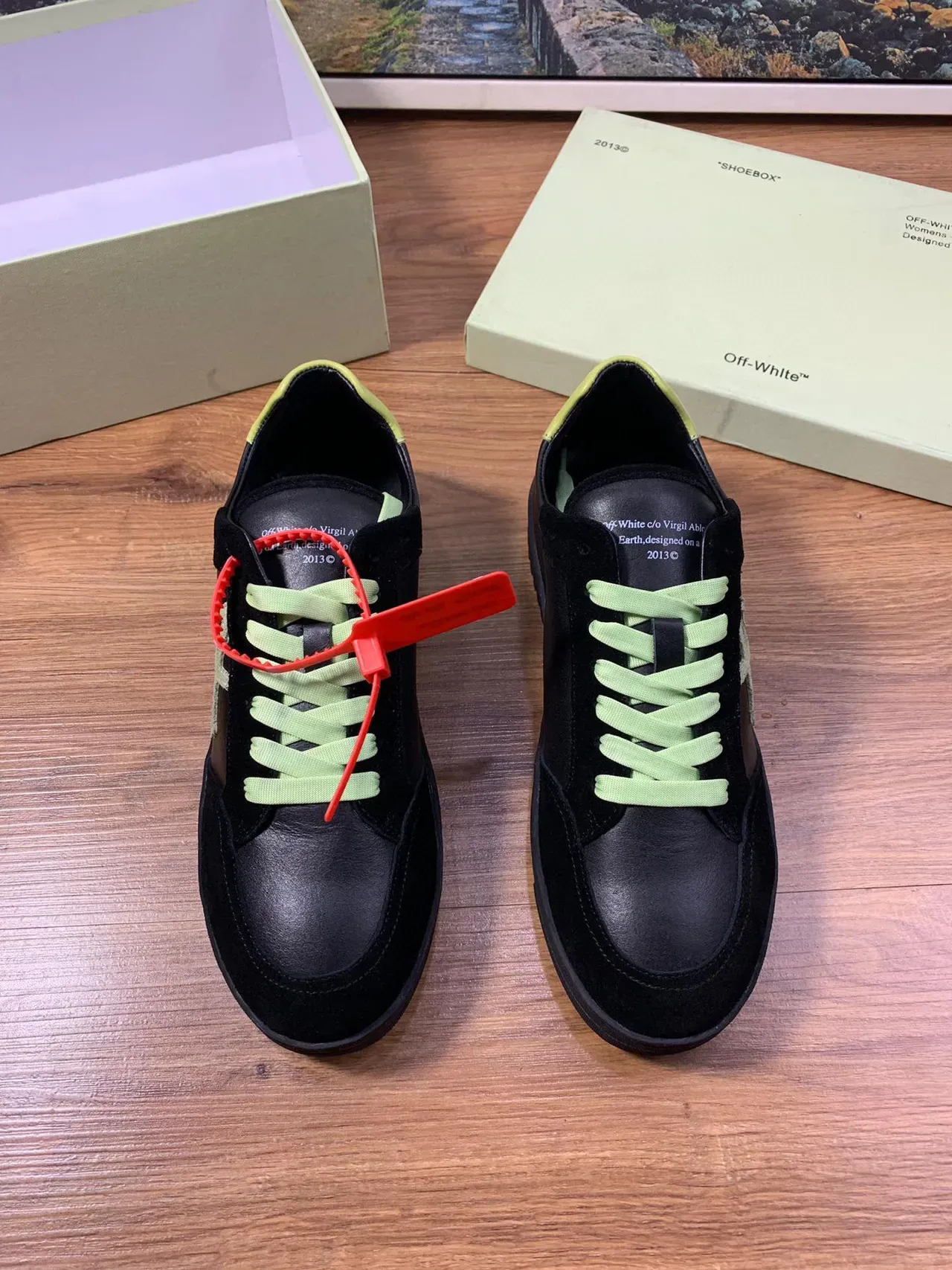Off-White أسود أخضر سويد وجلد علوي أحزمة نيون أحذية لايف ستايل 9