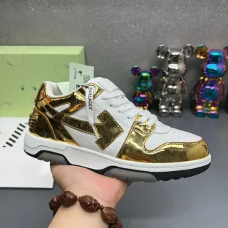 Off-White Gold Metallic Patent Overlays Diagonal Arrow Motif Chunky Sneakers