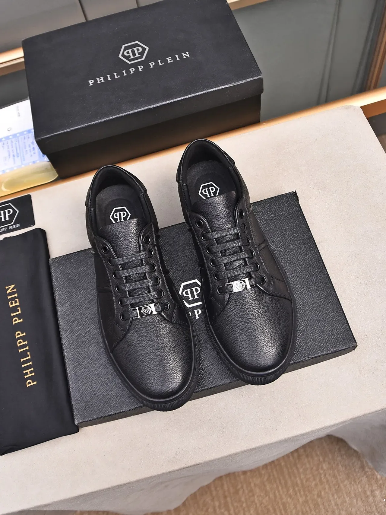 Philipp Plein Black Pebbled Leather Low-Top Sneaker 3