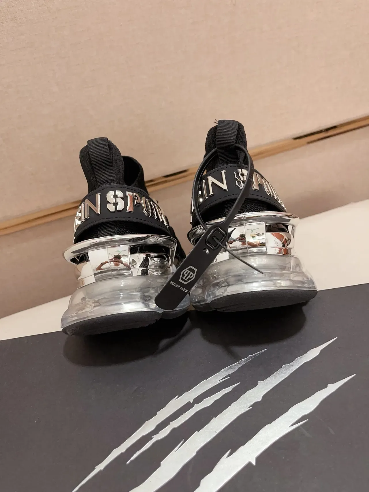 Philipp Plein Black White Knit Sock-Like Upper Metallic D-Ring Lacing System Chunky Sneakers 3