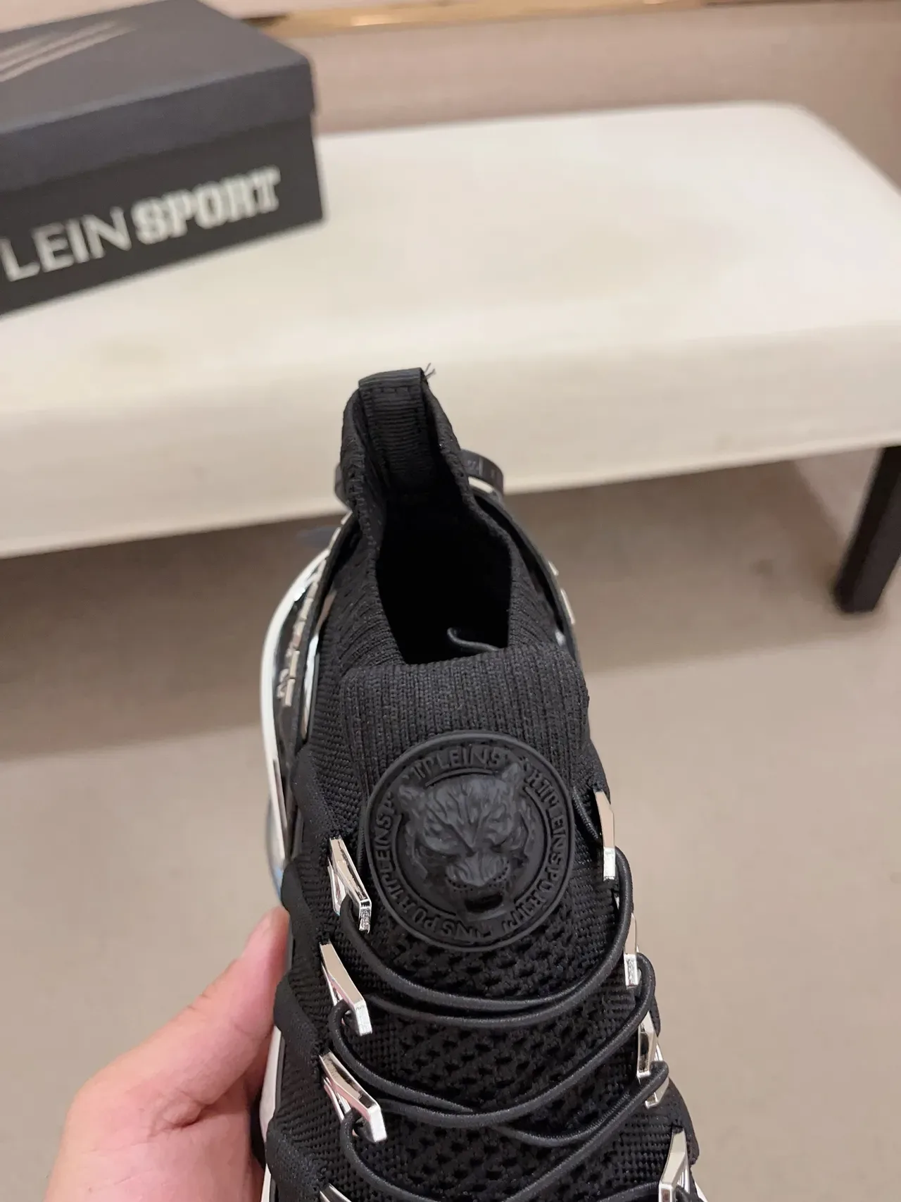 Philipp Plein Black White Knit Sock-Like Upper Metallic D-Ring Lacing System Chunky Sneakers 4