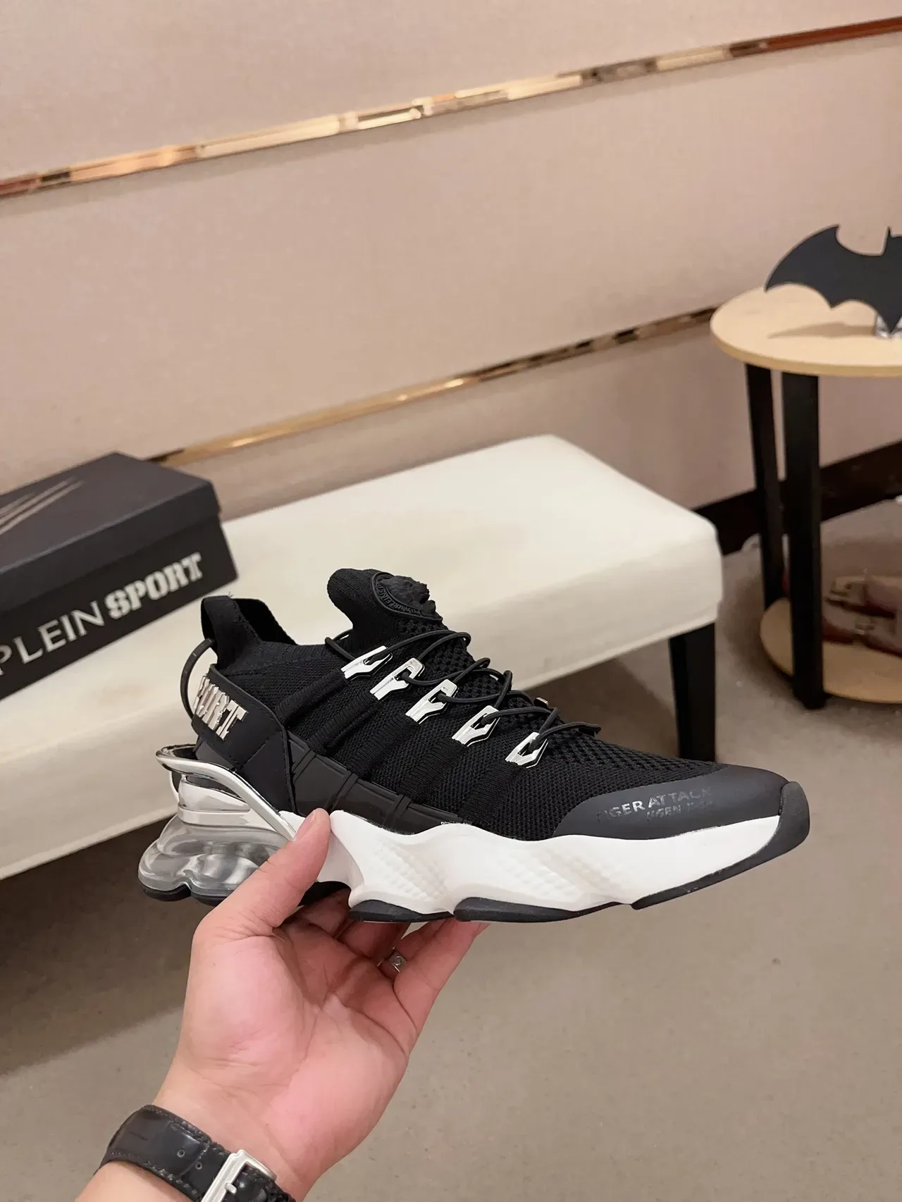 Philipp Plein Black White Knit Sock-Like Upper Metallic D-Ring Lacing System Chunky Sneakers 5