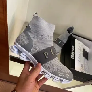 Philipp Plein ধূসর কালো সক-ফিট নিট উপর মোনোগ্রামযুক্ত ফিতা লাইফস্টাইল স্নিকার্স