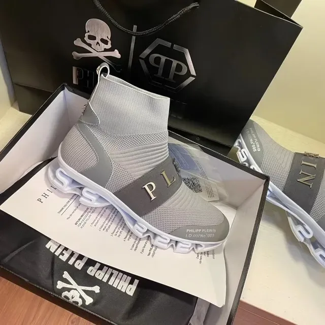 Philipp Plein Gris Noir Chaussures Lifestyle à Empiècement en Maille Ajustable Sangle Monogrammée 2