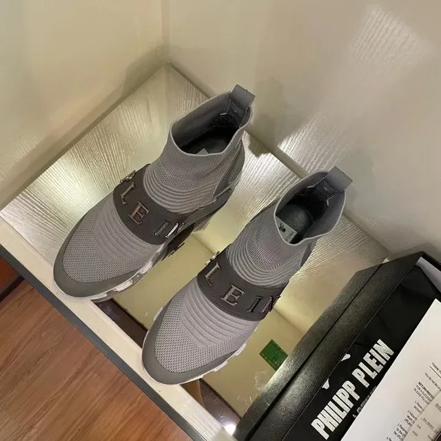 Philipp Plein Gris Noir Chaussures Lifestyle à Empiècement en Maille Ajustable Sangle Monogrammée 4