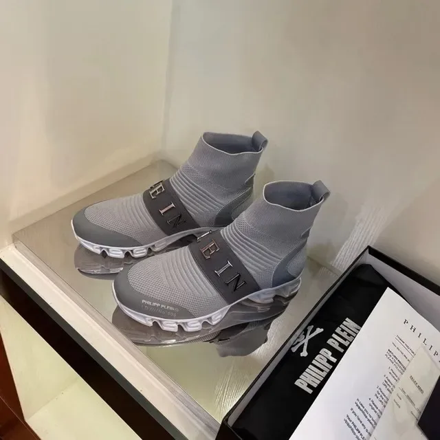 Philipp Plein Gris Noir Chaussures Lifestyle à Empiècement en Maille Ajustable Sangle Monogrammée 6