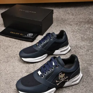 Philipp Plein Navy White चमड़े की जाली मिश्रित अपर चांदी का खोपड़ी और क्रॉसबोन्स प्रतीक चंकी जूते