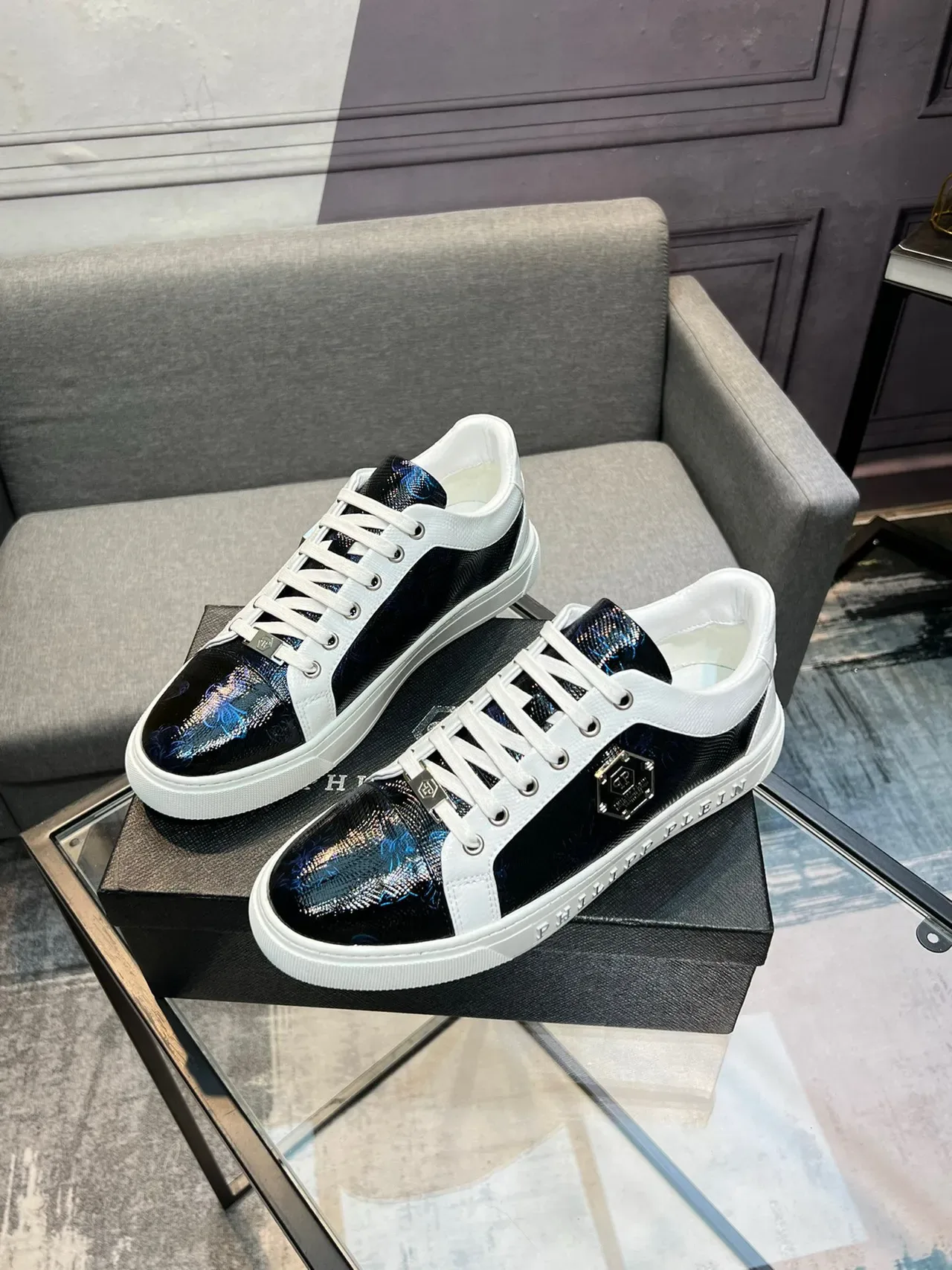 Philipp Plein جلد مطبوع وحذاء رياضي أسلوب حياة أبيض 3