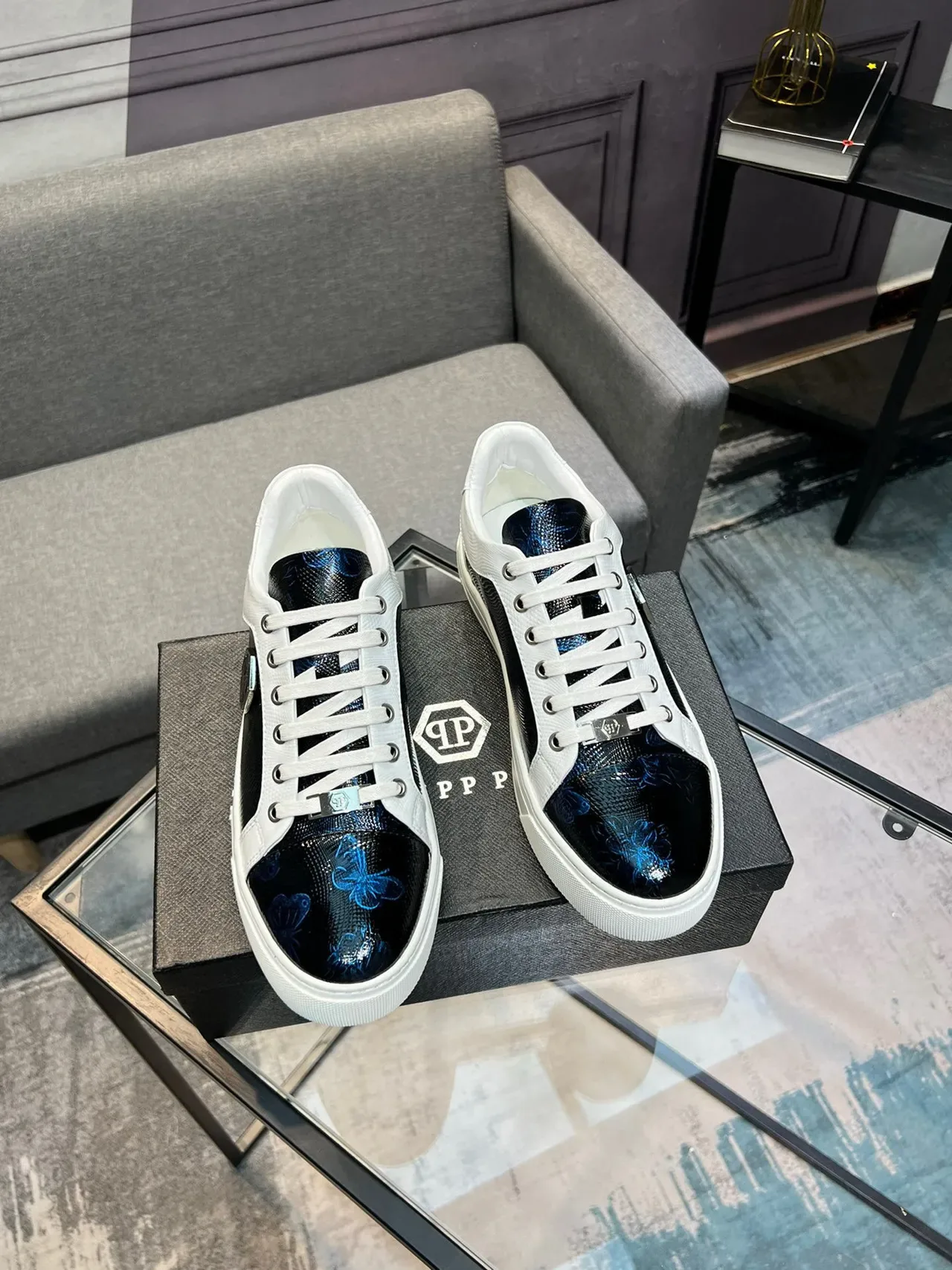 Philipp Plein جلد مطبوع وحذاء رياضي أسلوب حياة أبيض 5
