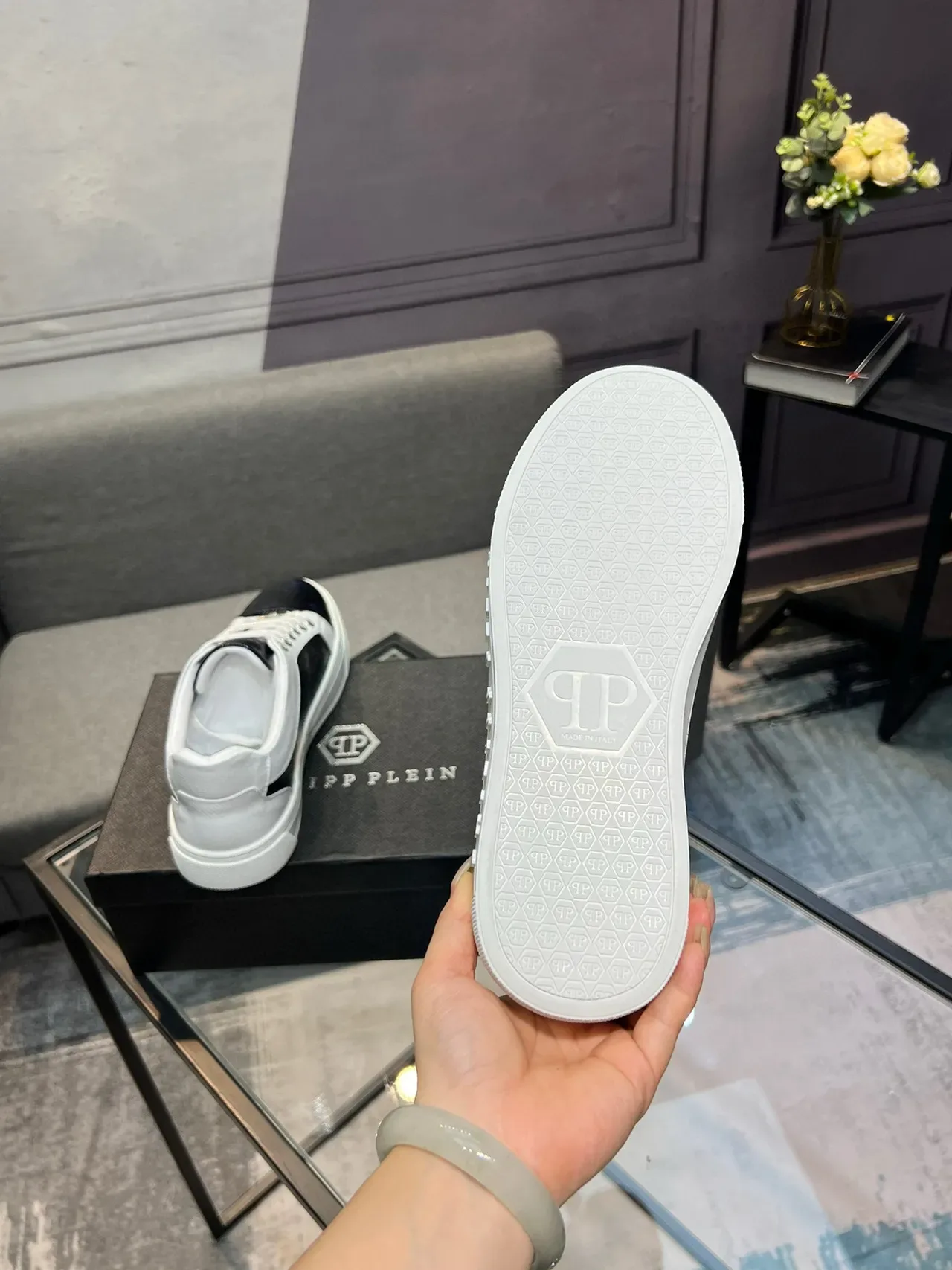 Philipp Plein جلد مطبوع وحذاء رياضي أسلوب حياة أبيض 7