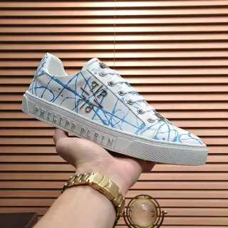 Philipp Plein White Blue Low-Top Leather Upper Lifestyle Sneakers