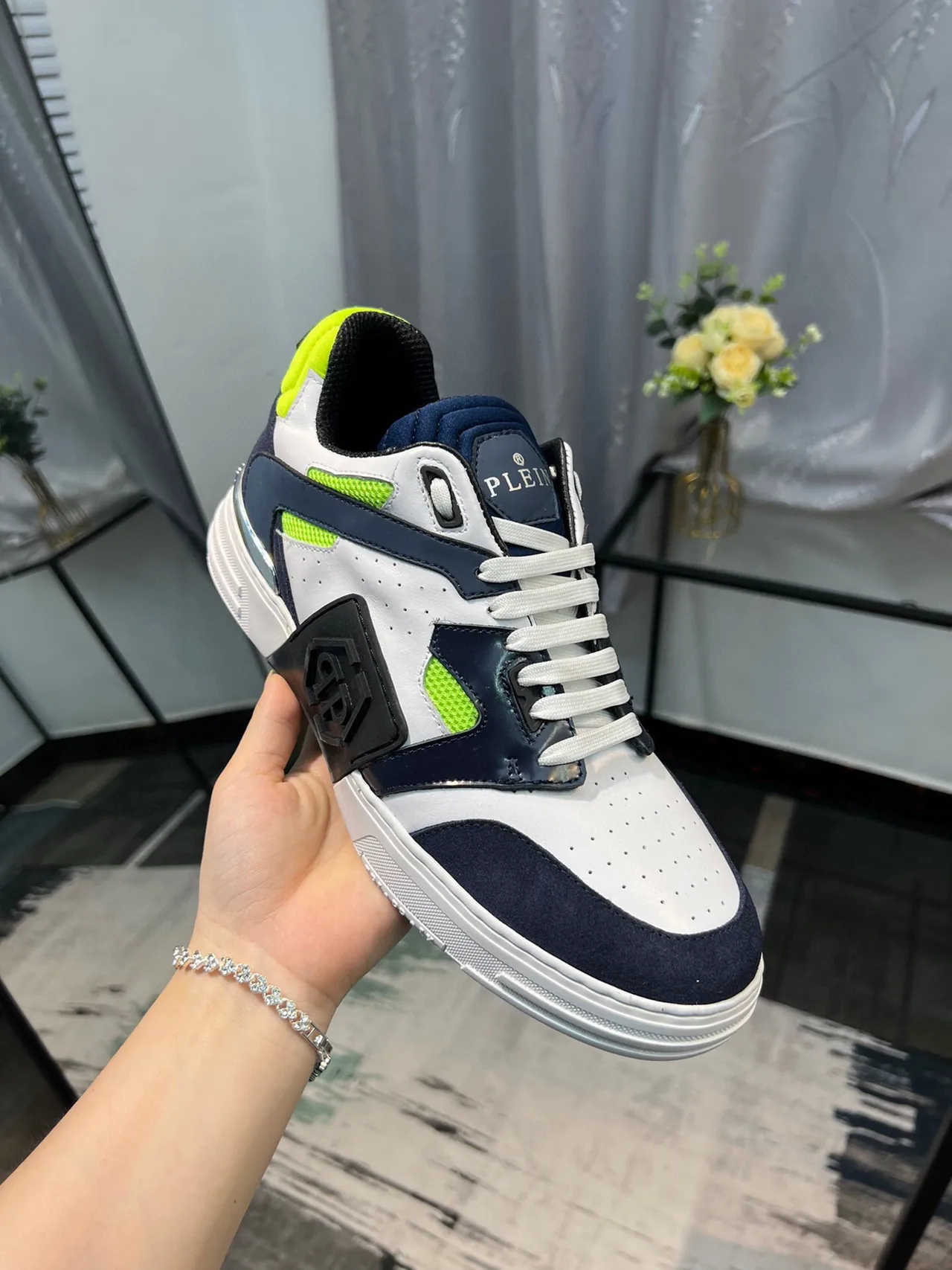 Philipp Plein Branco Azul Marinho Verde Neón Tênis Lifestyle 6
