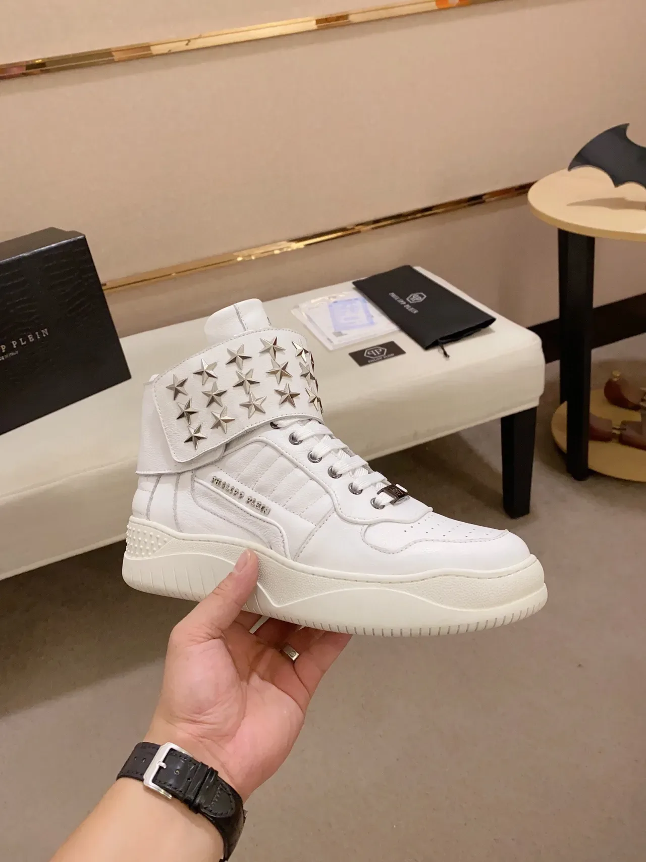 Philipp Plein 白银高帮星铆钉带生活休闲运动鞋 7