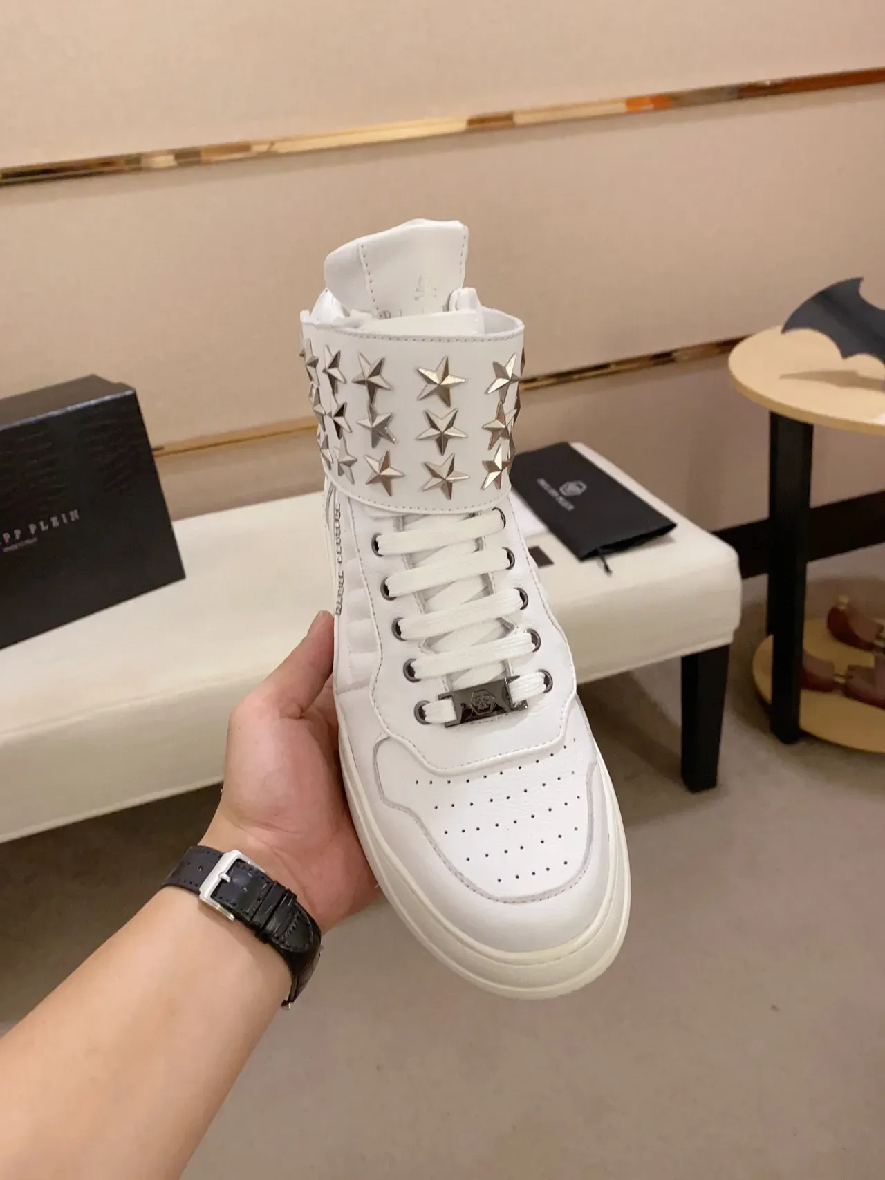 Philipp Plein 白银高帮星铆钉带生活休闲运动鞋 9