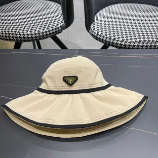 Prada Beige Black Structured Silhouette Gathered Crown Bucket Hat