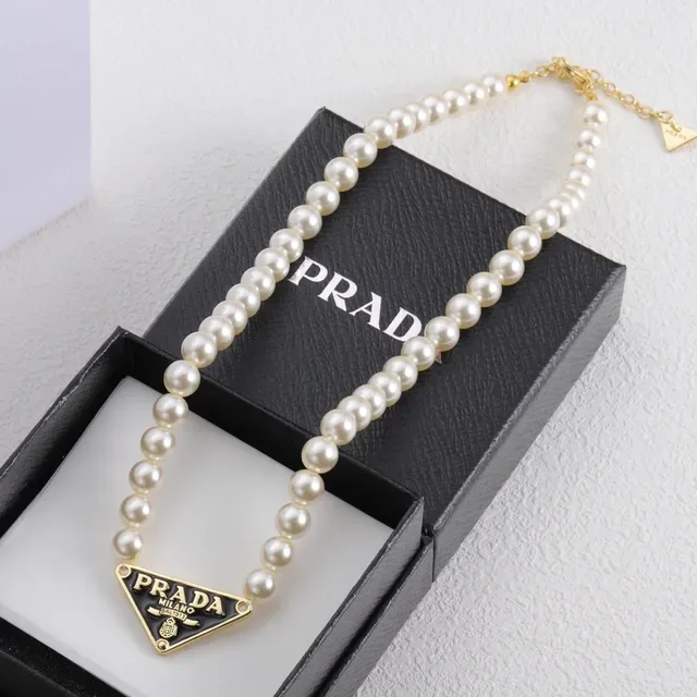 Prada Beige Gold Pearl Strand Triangle Pendant Necklace 5