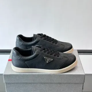 Prada Black Beige Textured Leather Low-Top Silhouette Lifestyle Sneakers