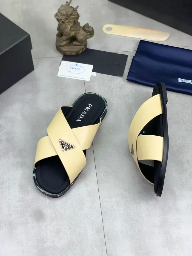 Prada Black Green Crossed-Strap Metal Logo Plaque Slippers 5