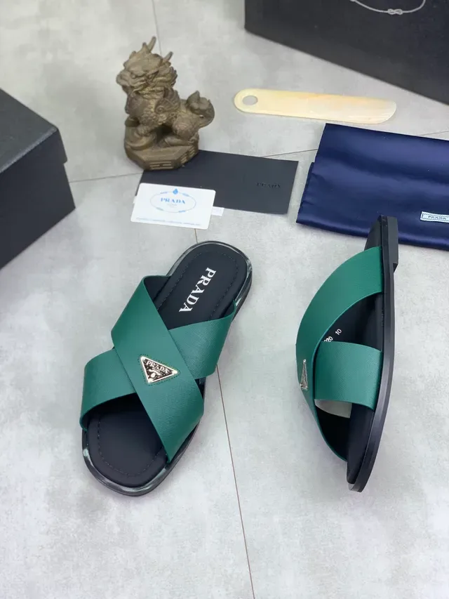Prada Black Green Crossed-Strap Metal Logo Plaque Slippers 8