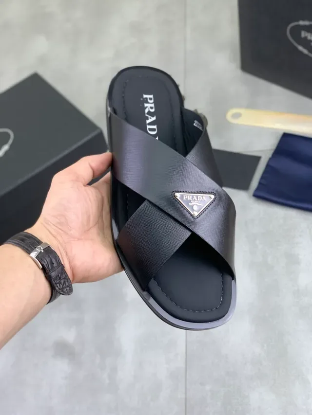 Prada Black Green Crossed-Strap Metal Logo Plaque Slippers 11