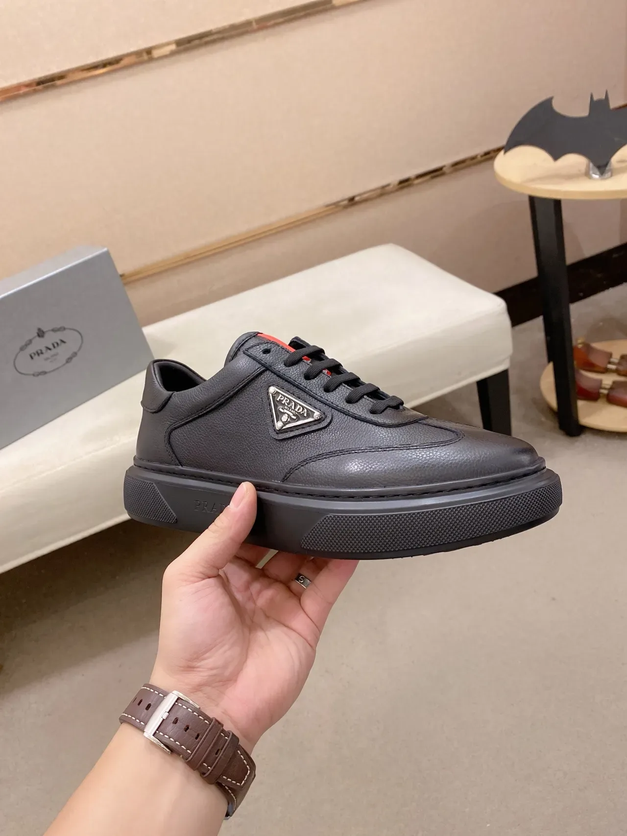 Prada Black Red Leather Upper Triangular Logo Plaque Lifestyle Sneakers 5