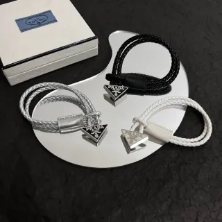 Prada Black Silver Braided Cord Triangular Metal Logo Plaque Bracelet