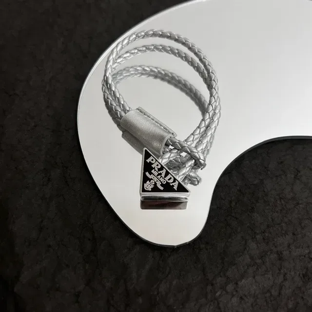 Prada Black Silver Braided Cord Triangular Metal Logo Plaque Bracelet 2