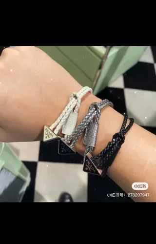 Prada Black Silver Braided Cord Triangular Metal Logo Plaque Bracelet 8