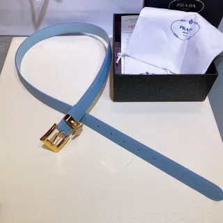 Prada Azul Dourado Claro Saffiano Fivela Triangular Placa Cinto de Couro