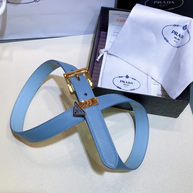 Prada Blue Gold Light Saffiano Triangular Plaque Buckle Leather Belt 3