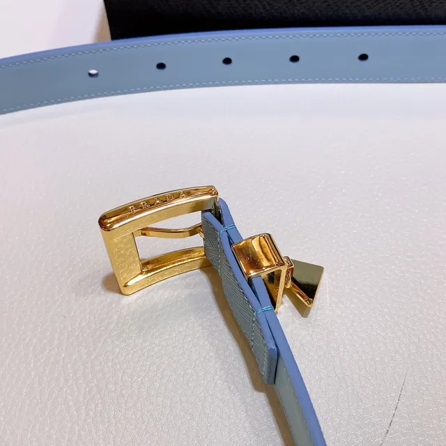 Prada Blue Gold Light Saffiano Triangular Plaque Buckle Leather Belt 4