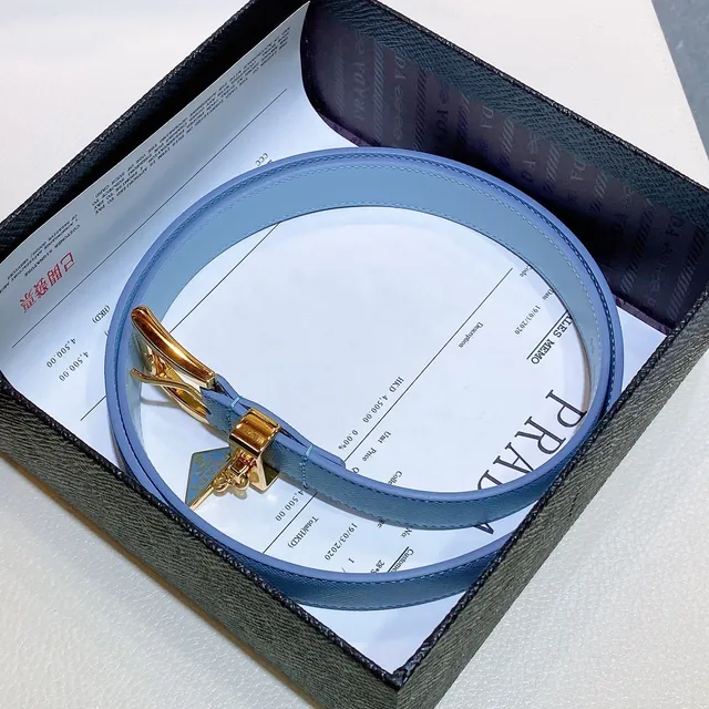 Prada Blue Gold Light Saffiano Triangular Plaque Buckle Leather Belt 6