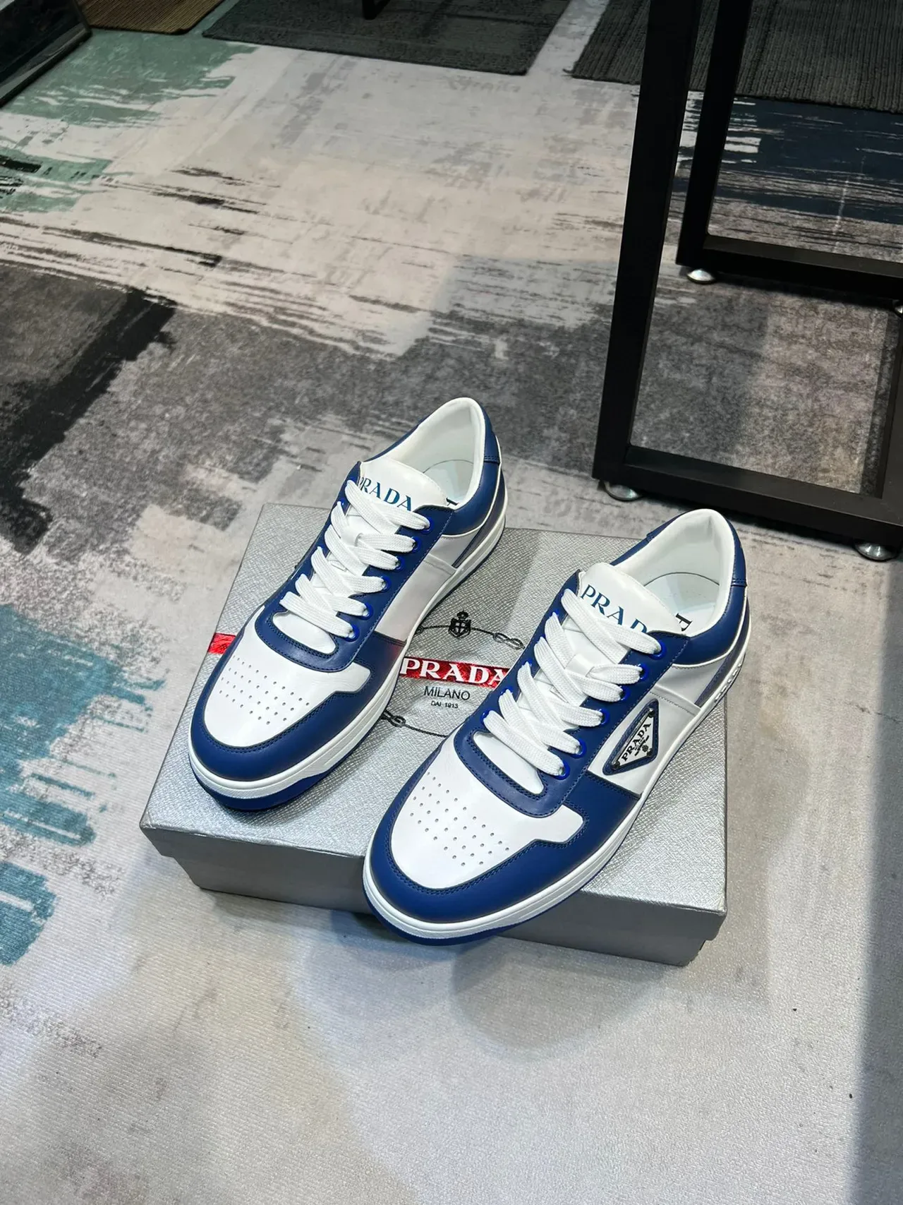 Prada Blue White Color-Blocked Leather Triangular Logo Plaque Lifestyle Sneakers 6