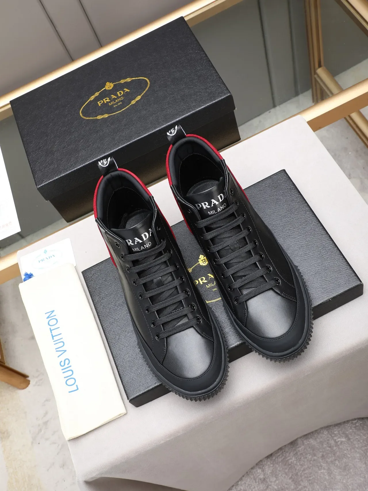 Prada Cloudbust Black and Red Leather-Suede High-Top Lifestyle Sneakers 2