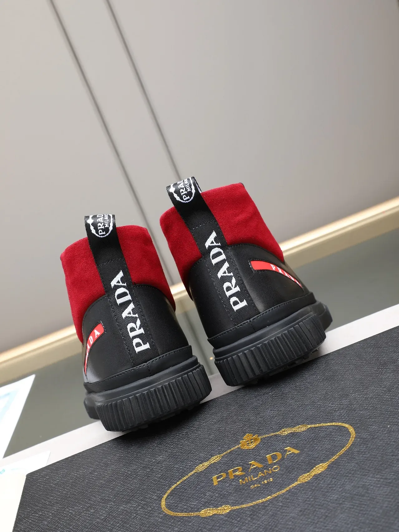 Prada Cloudbust Black and Red Leather-Suede High-Top Lifestyle Sneakers 3