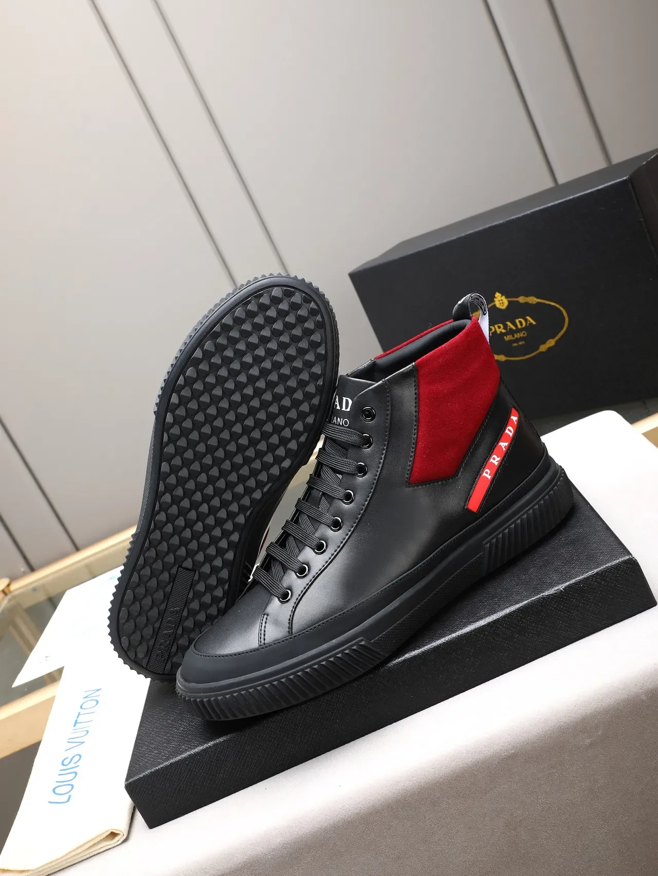Prada Cloudbust Black and Red Leather-Suede High-Top Lifestyle Sneakers 4