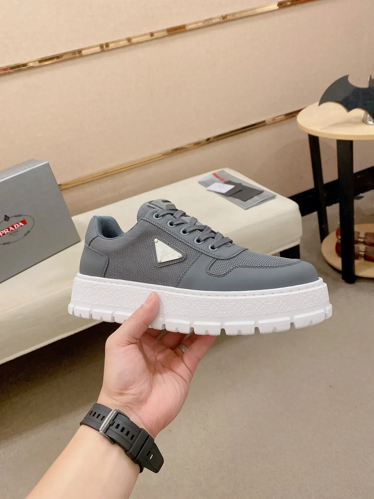 Prada Cloudbust Gray Mesh-Synthetic Platform Chunky Sneakers 4